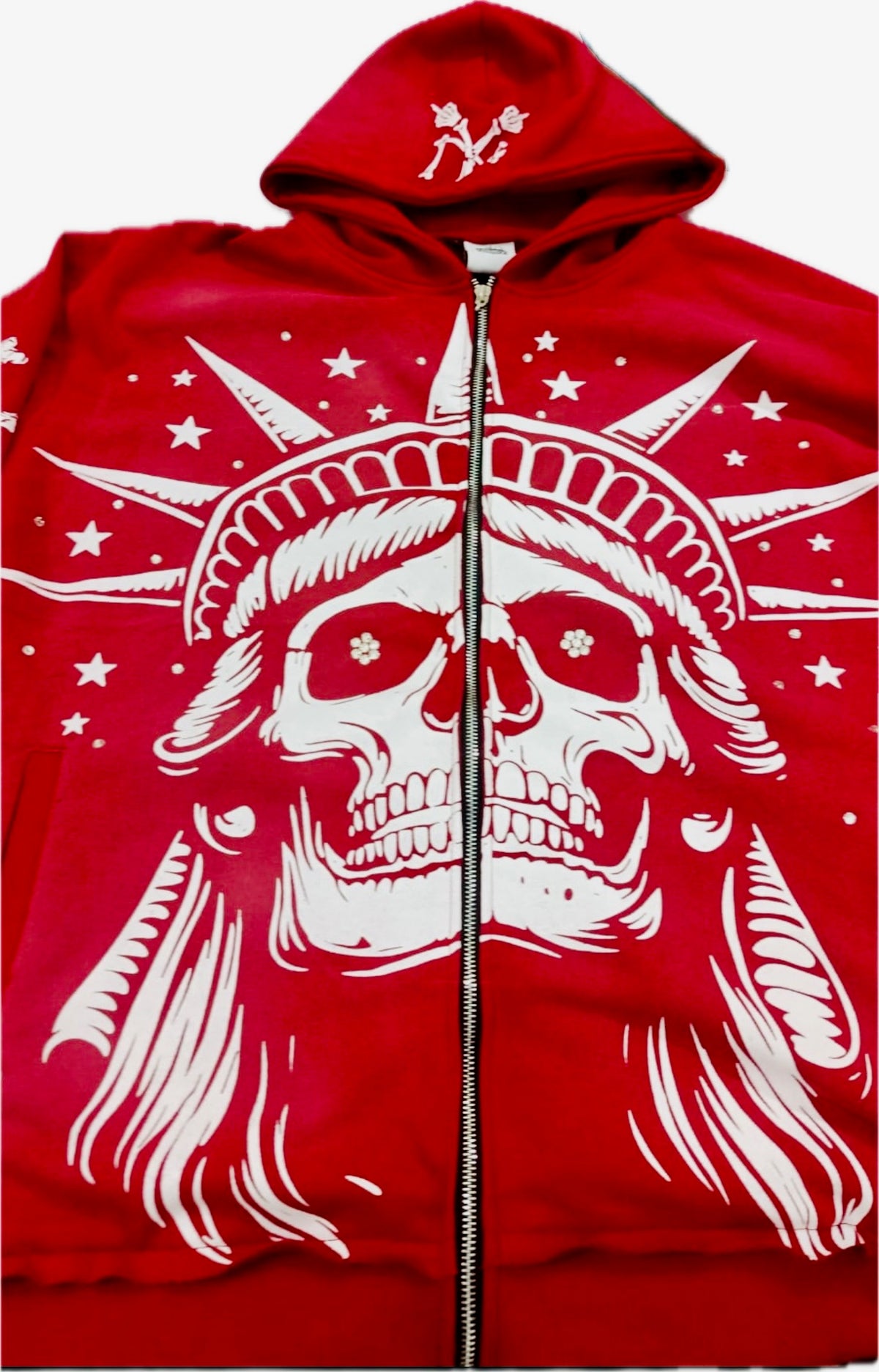 Concrete Jungle Red Skeleton Face Liberty Rhinestone Zip-Up Hoodie