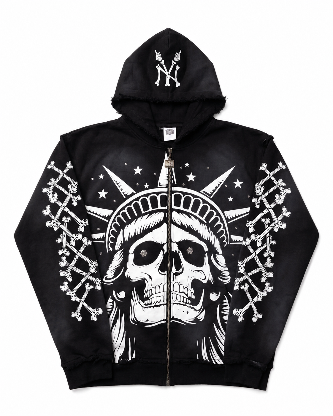 Concrete Black Jungle Skeleton Face Liberty Rhinestone Zip-Up Hoodie