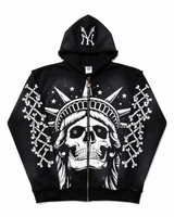 Concrete Black Jungle Skeleton Face Liberty Rhinestone Zip-Up Hoodie