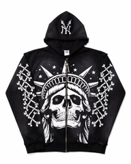 Concrete Black Jungle Skeleton Face Liberty Rhinestone Zip-Up Hoodie