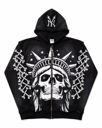 Concrete Black Jungle Skeleton Face Liberty Rhinestone Zip-Up Hoodie