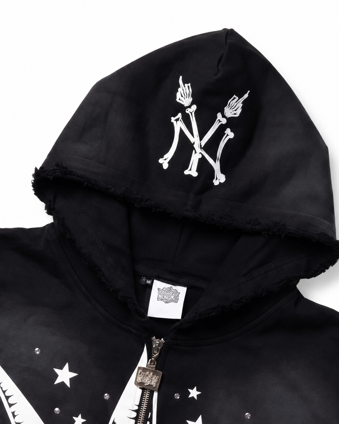 Concrete Black Jungle Skeleton Face Liberty Rhinestone Zip-Up Hoodie