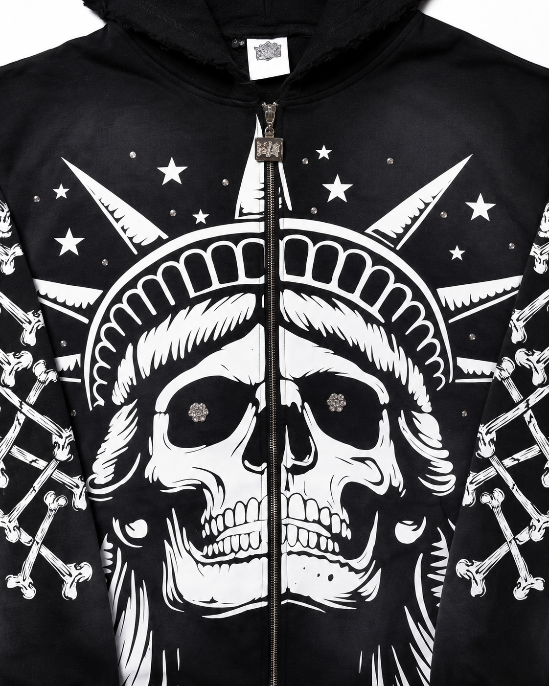 Concrete Black Jungle Skeleton Face Liberty Rhinestone Zip-Up Hoodie