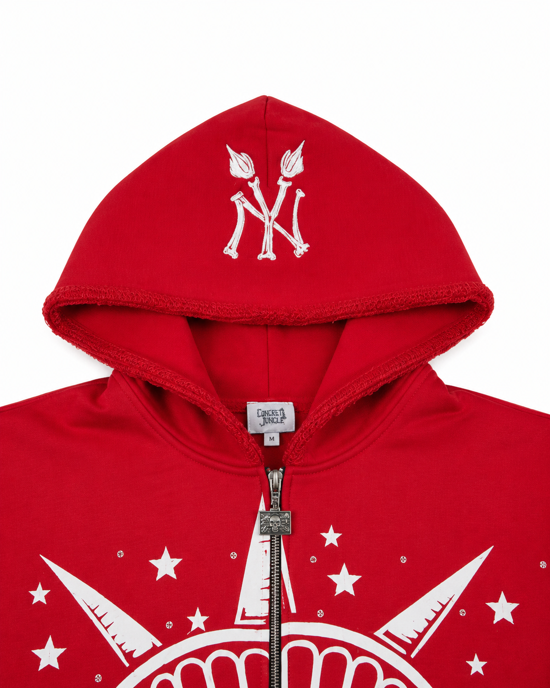 Concrete Jungle Red Skeleton Face Liberty Rhinestone Zip-Up Hoodie
