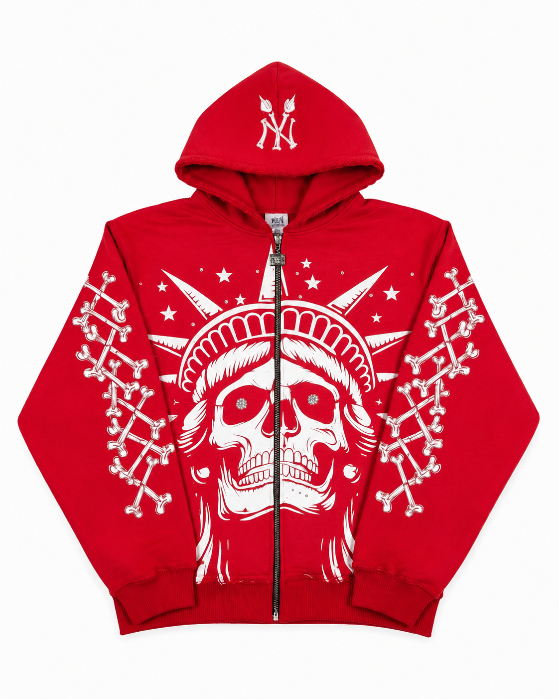 Concrete Jungle Red Skeleton Face Liberty Rhinestone Zip-Up Hoodie