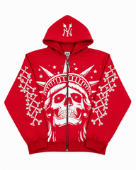 Concrete Jungle Red Skeleton Face Liberty Rhinestone Zip-Up Hoodie