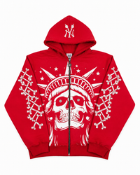 Concrete Jungle Red Skeleton Face Liberty Rhinestone Zip-Up Hoodie