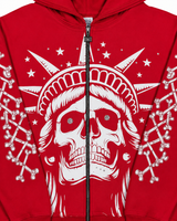 Concrete Jungle Red Skeleton Face Liberty Rhinestone Zip-Up Hoodie