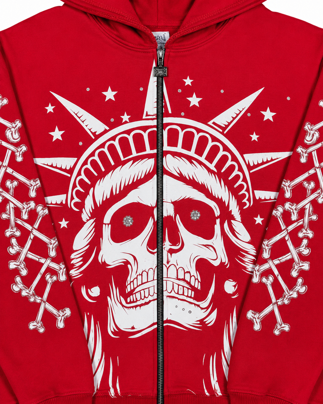 Concrete Jungle Red Skeleton Face Liberty Rhinestone Zip-Up Hoodie